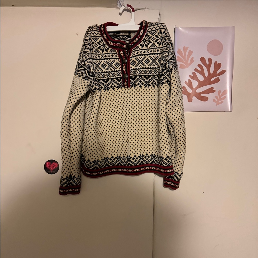 L.L. Bean Women's Nordic Sweater - Cream and Red